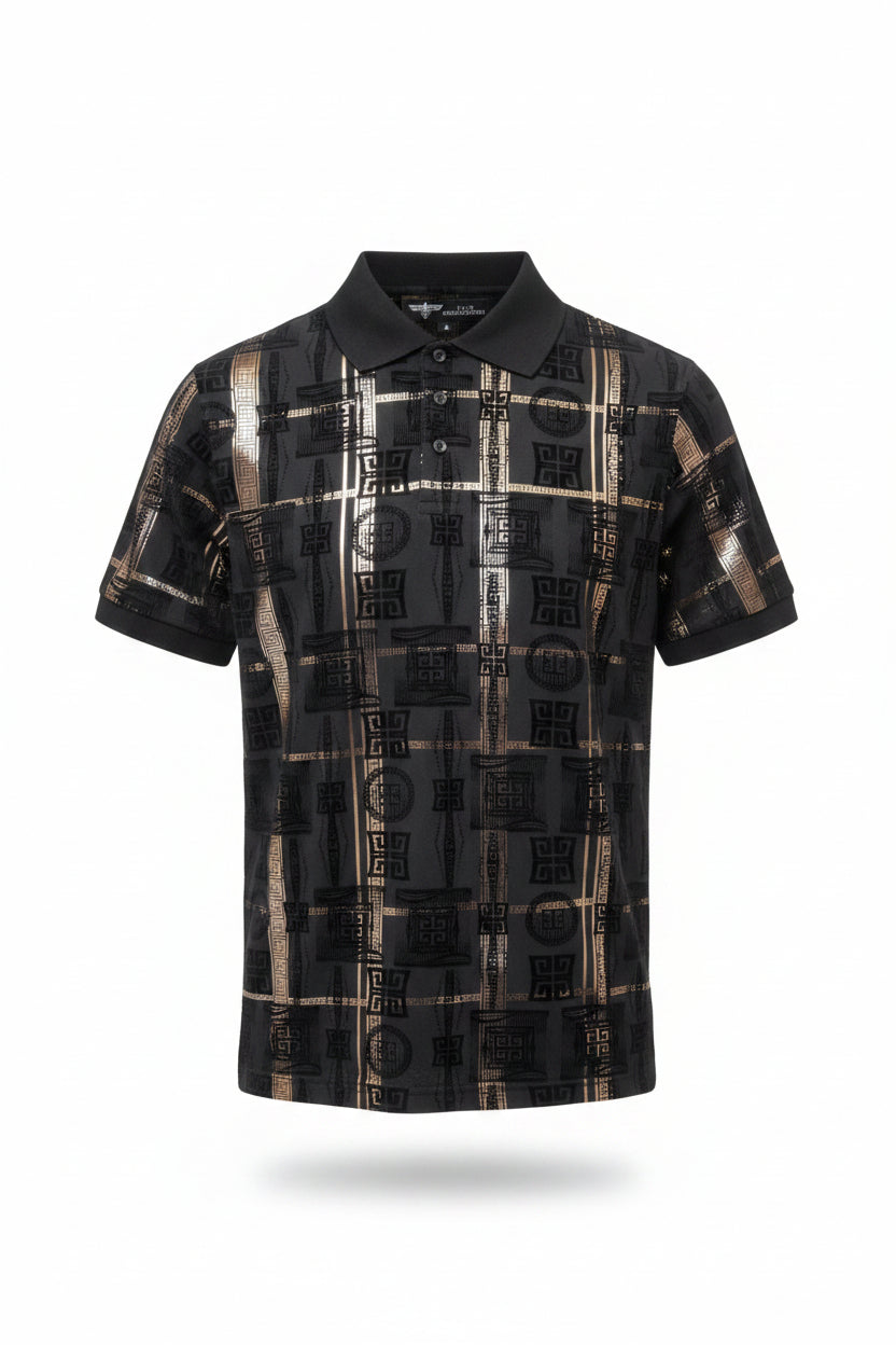 Men's Black Flocked Polo Shirt | Geometric Metallic Design