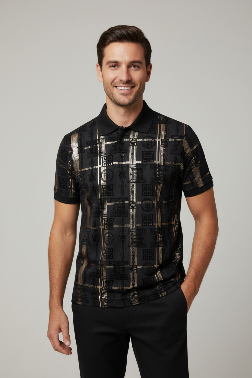 Men's Black Flocked Polo Shirt | Geometric Metallic Design