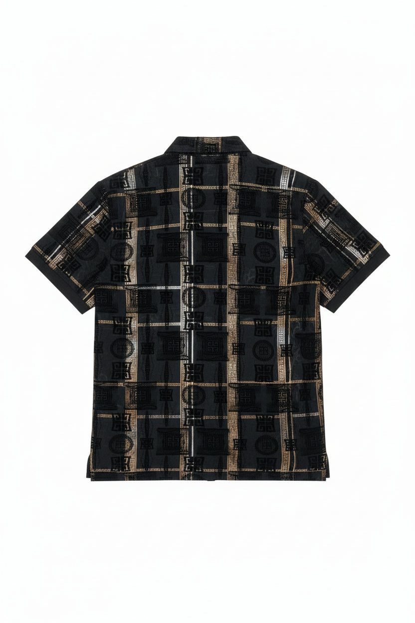 Men's Black Flocked Polo Shirt | Geometric Metallic Design