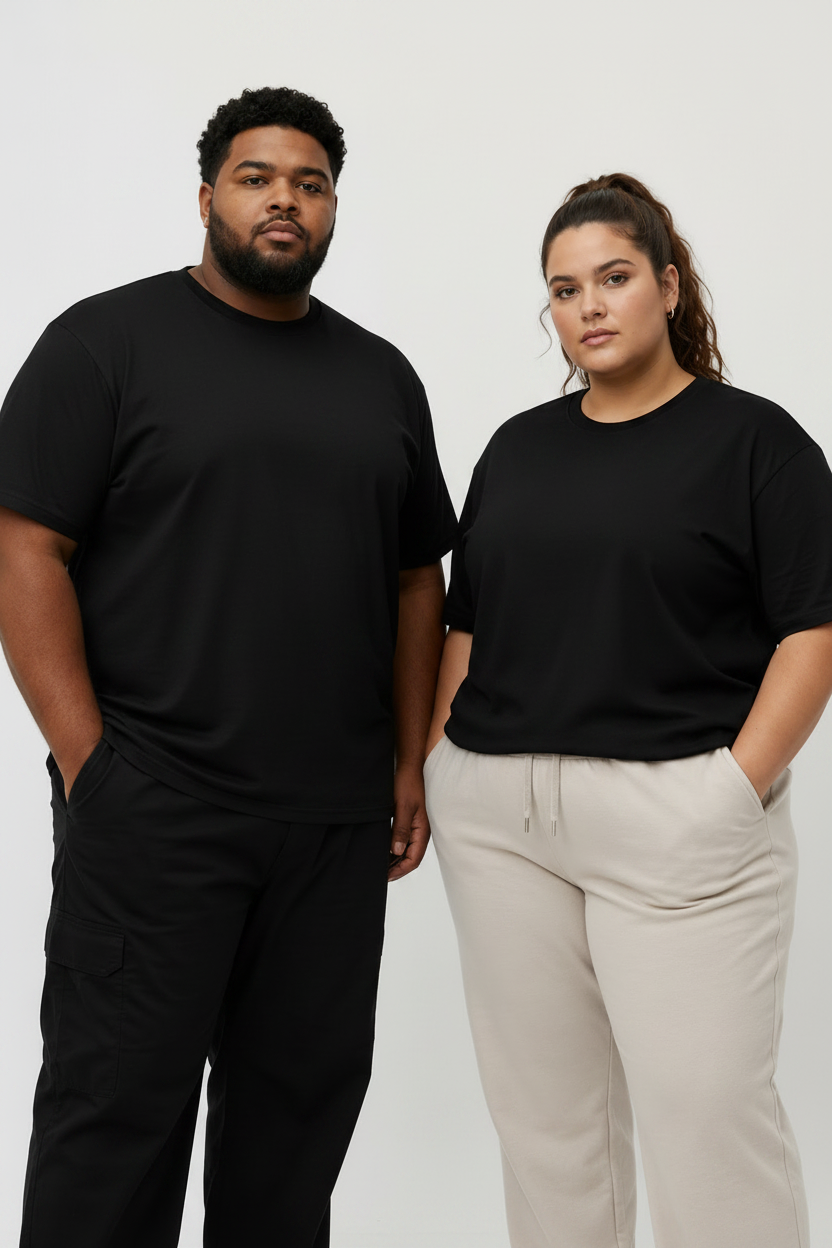 Two models wearing black crewneck t-shirts and casual pants, standing against a light gray studio background.