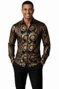 VIP Collection Long Sleeve Button-Up Shirt — Black & Gold Baroque