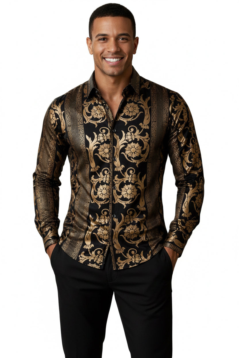 VIP Collection Long Sleeve Button-Up Shirt — Black & Gold Baroque