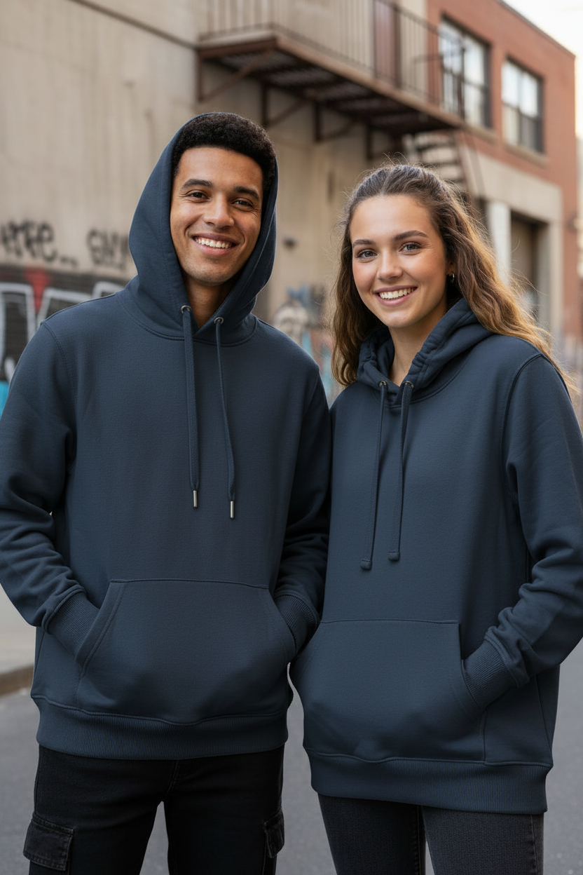 Two smiling people standing outdoors in matching dark navy pullover hoodies, photographed from the chest up in an urban street setting with buildings and graffiti visible in the background.