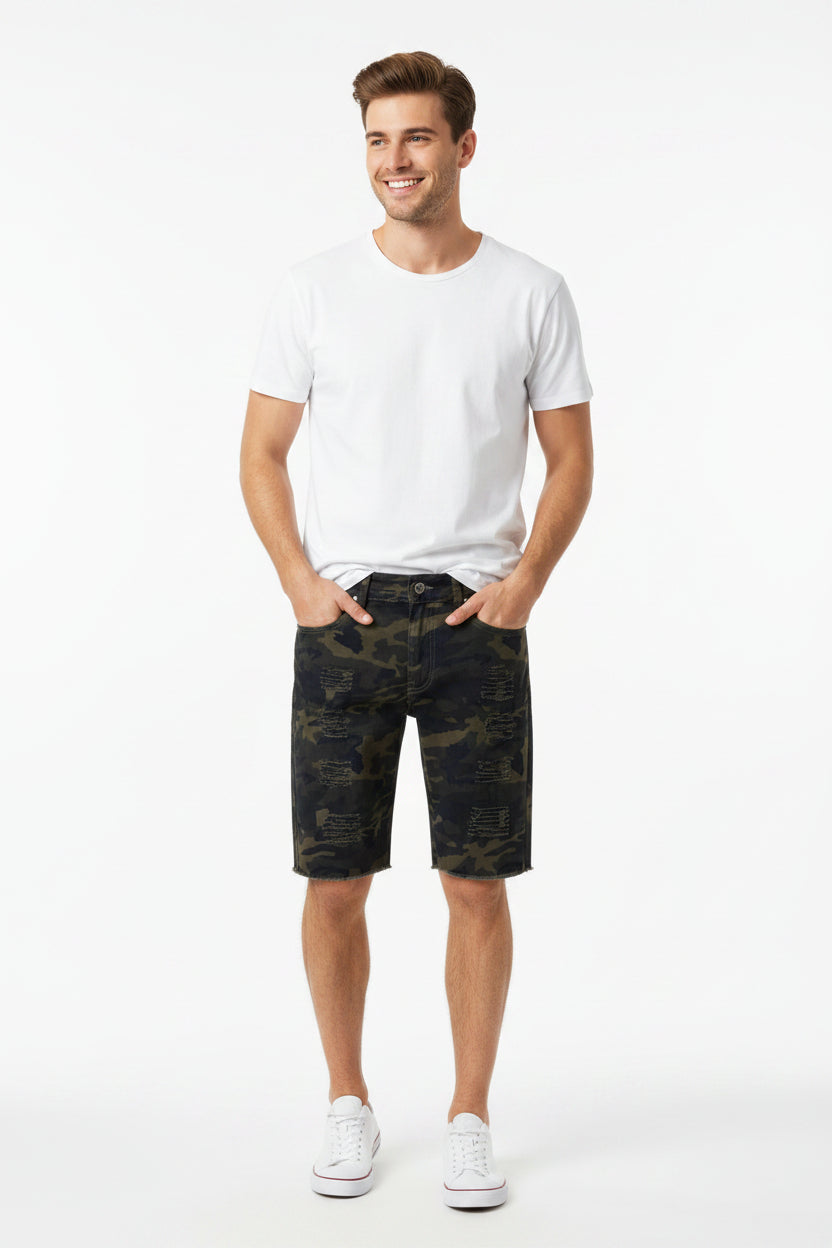Camo ripped denim shorts front view on white background