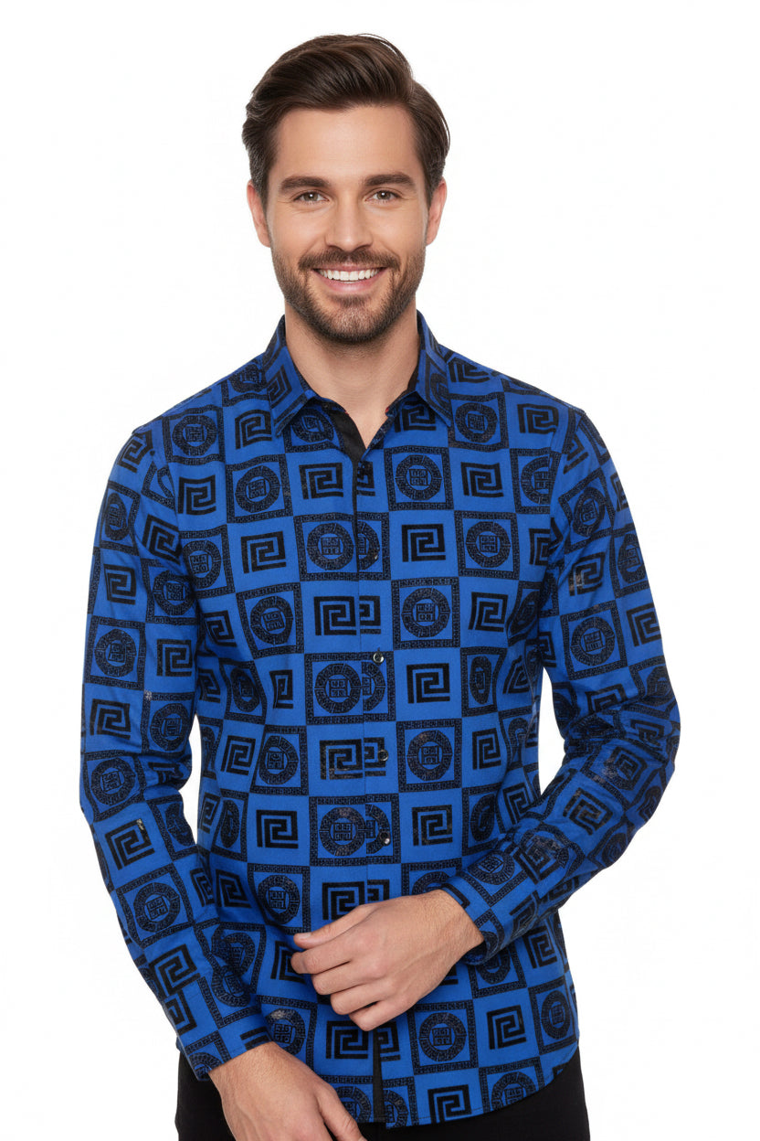 VIP Collection Men's Long-Sleeve Button-Up Shirt – Royal Blue Baroque