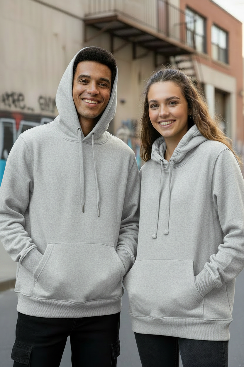 Two models wearing matching light gray pullover hoodies with drawstrings and kangaroo pockets, standing outdoors in front of a brick building.