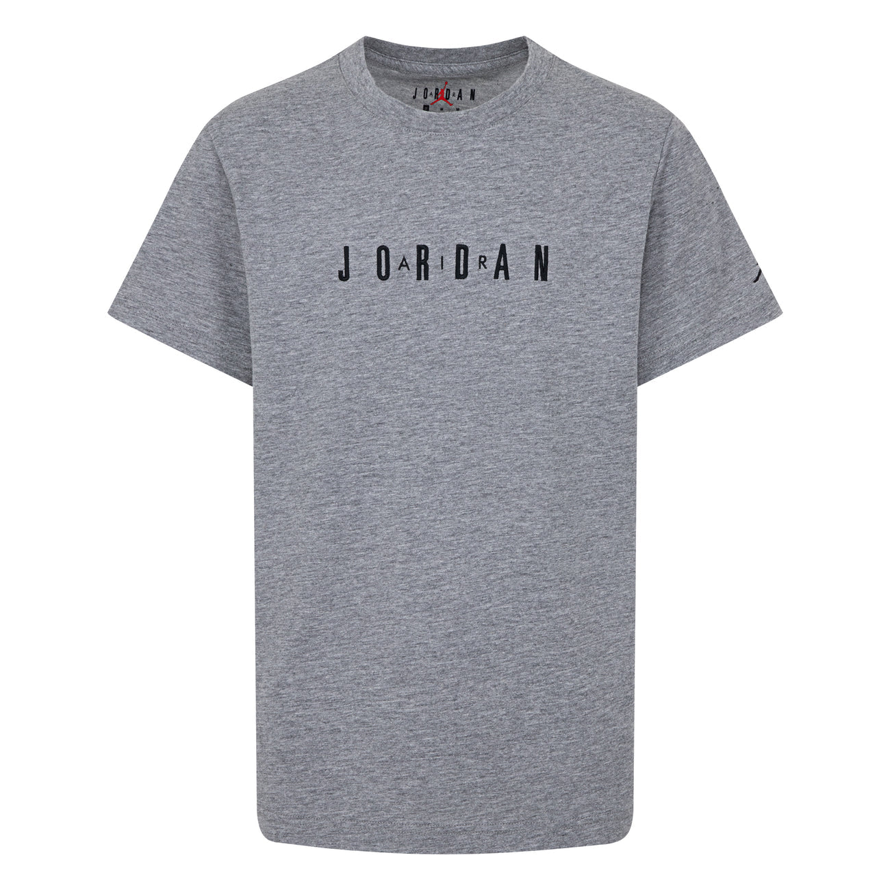A heather gray short-sleeve t-shirt with 'JORDAN' printed in black across the chest, displayed on a solid white background.
