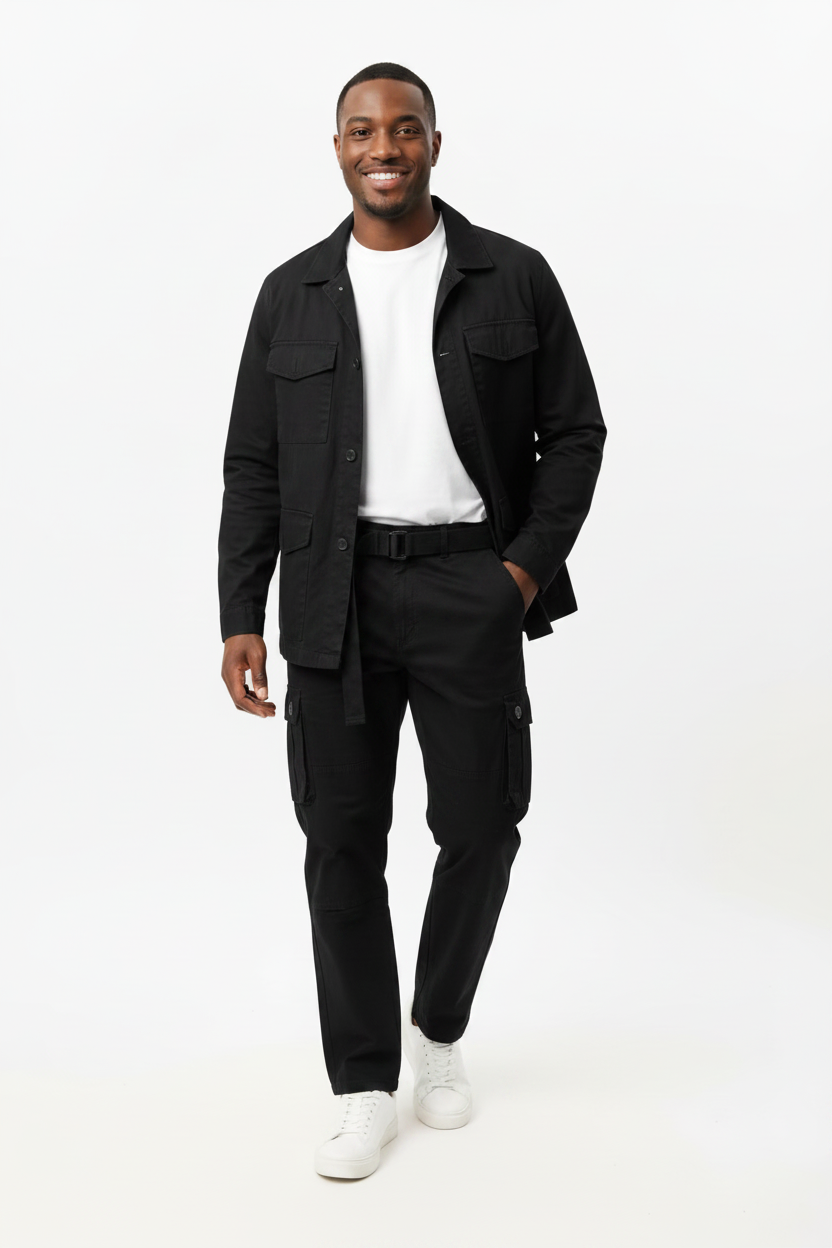 A man modeling a black utility jacket, black cargo pants, a white t-shirt, and white sneakers against a plain white studio background.