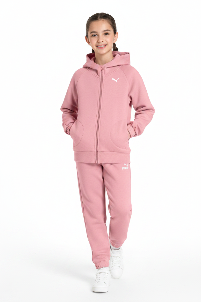A young girl wearing a pink Puma full-zip hoodie and matching sweatpants against a solid white background.
