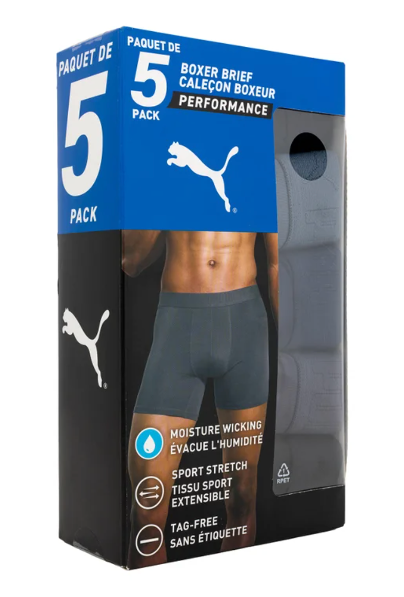 Puma 5-pack of boxer briefs in retail packaging, featuring a blue and black box with a photo of a male model wearing dark gray boxer briefs on the front.