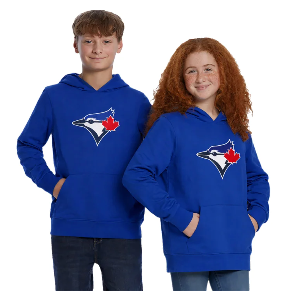 Two children modeling matching royal blue hoodies with the Toronto Blue Jays logo and a red maple leaf on the chest, against a plain white background.
