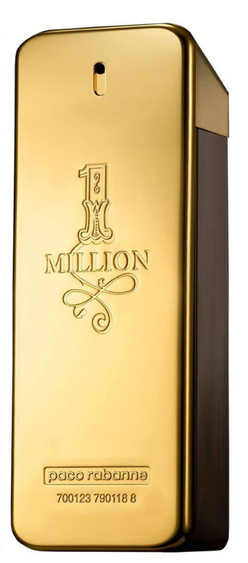 Paco Rabanne 1 Million Eau de Toilette bottle, featuring a metallic gold rectangular design with a dark brown side panel, on a white background.