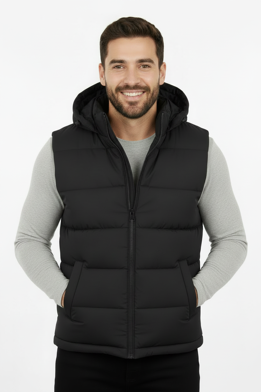 A black hooded puffer vest with horizontal quilting, a front zipper, and side pockets, shown against a plain white background.