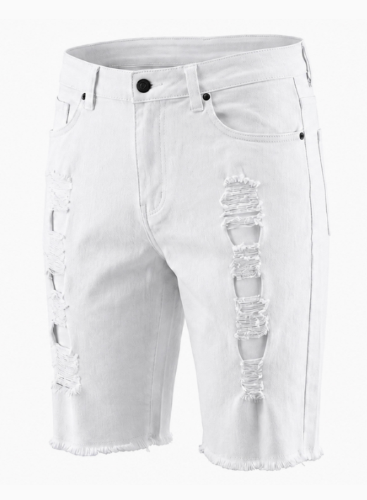 Men's White Ripped Stretch Denim Jean Shorts - Front View