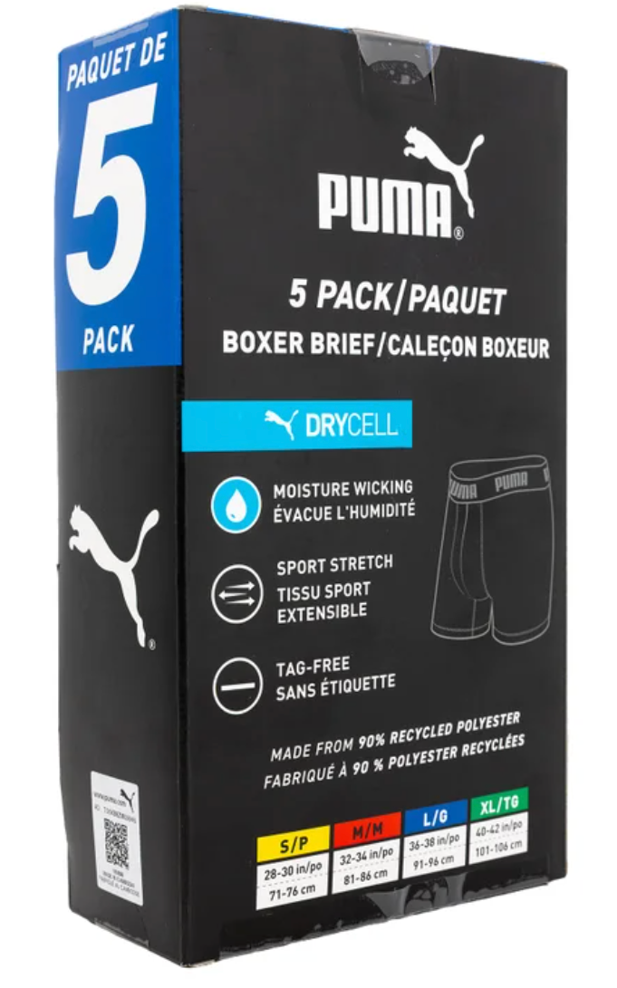 Puma 5-pack of boxer briefs in a black retail box with blue accents, featuring the Puma logo and product details.