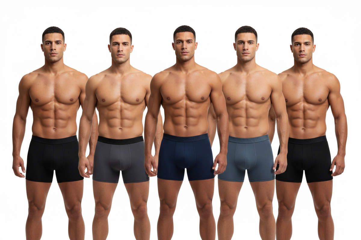 Five pairs of PUMA men's boxer briefs in dark shades, arranged in a fan-like stack on a plain white background.