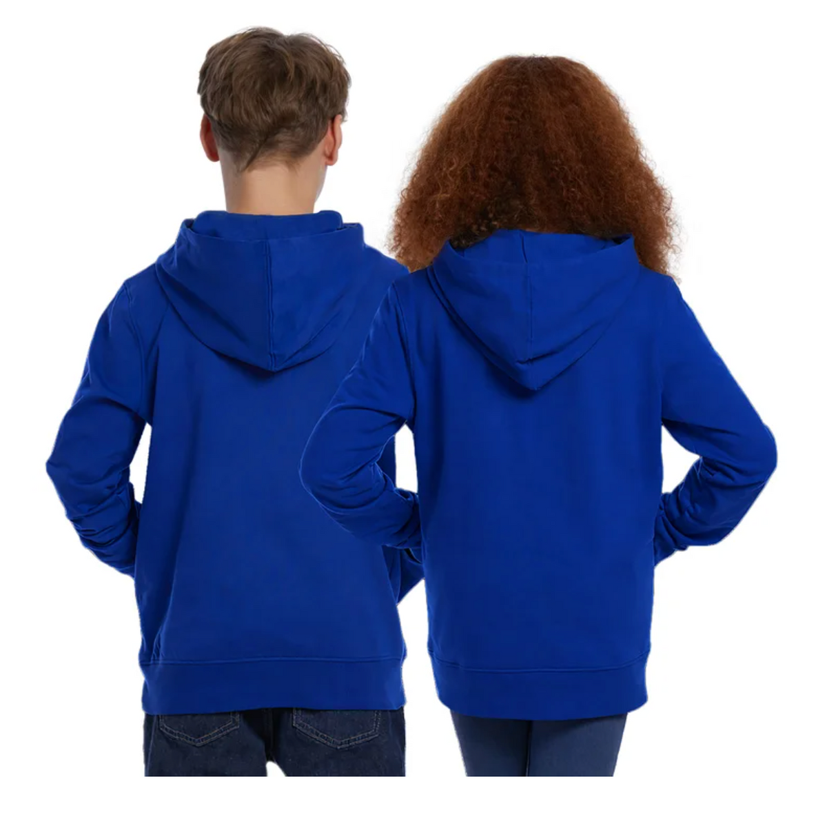 Two children shown from the back wearing matching royal blue hoodies, standing against a plain white background.