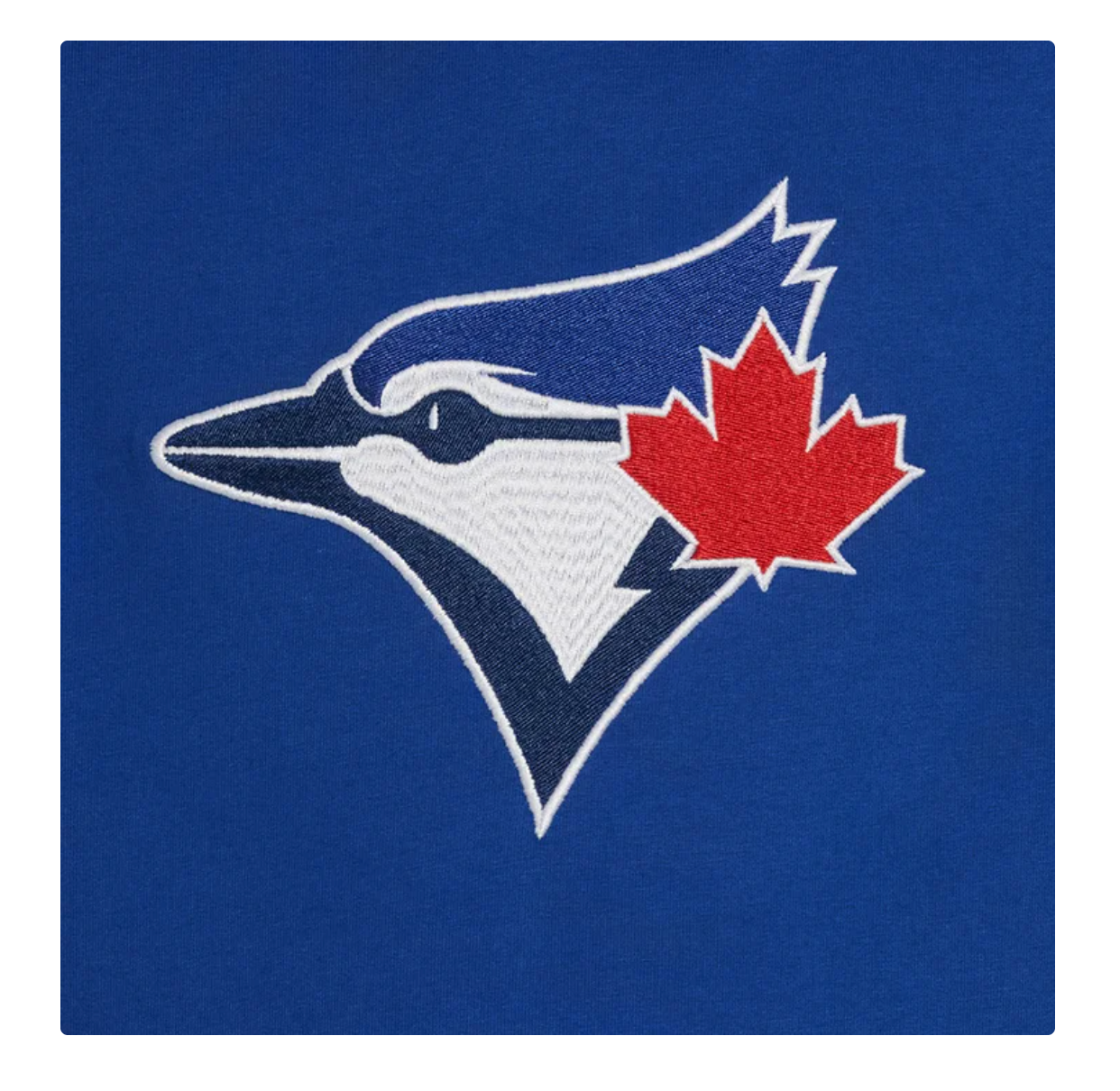 A square blue fabric patch or mat featuring the Toronto Blue Jays embroidered logo, with a red maple leaf on a white and navy blue bird head, centered on a white background.