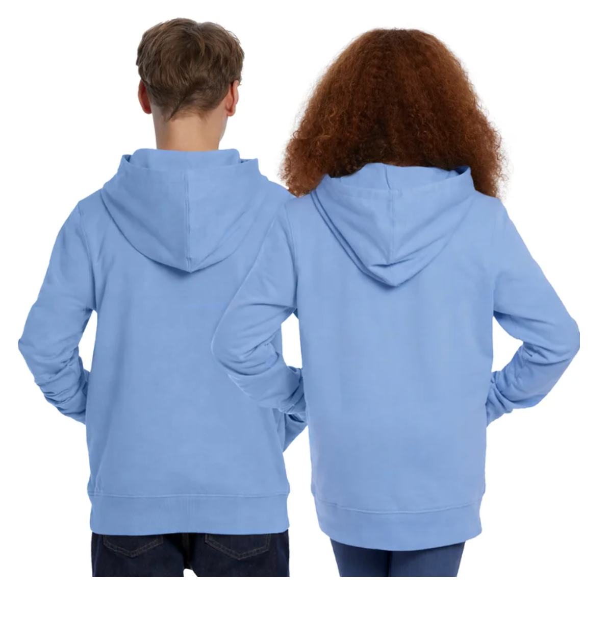 Two models shown from the back wearing matching light blue hoodies, with one model having short brown hair and the other with long curly brown hair, set against a plain white background.