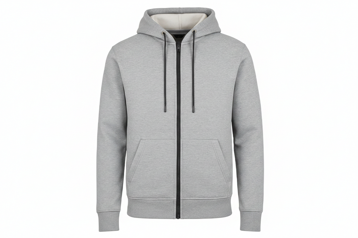 A heather gray zip-up hoodie with black drawstrings and a black front zipper, shown on a plain white background.