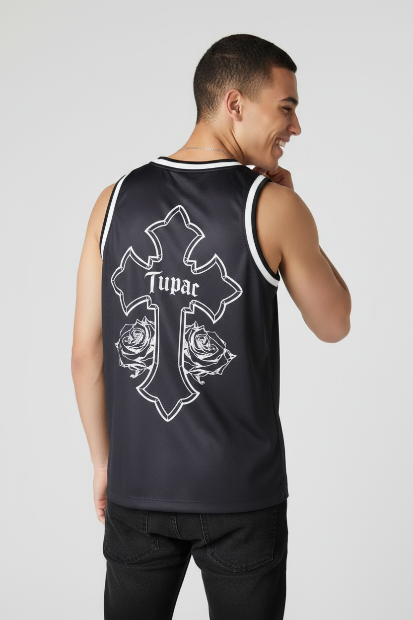 A person wearing a dark navy sleeveless tank top, shown from the back. The shirt features a large white graphic of a cross with the word 'Tupac' in the center and two rose illustrations on either side.