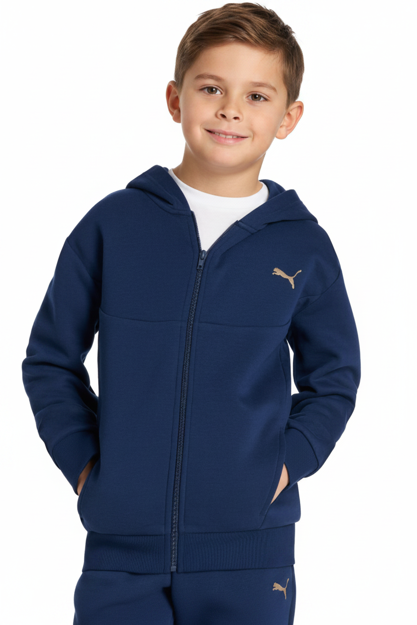 A child wearing a navy blue Puma zip-up hoodie with a gold Puma logo on the left chest, layered over a white t-shirt, against a plain white background.
