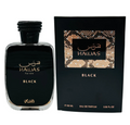 A bottle of Hawas Black Eau de Parfum for men next to its black packaging box, featuring a black and beige snakeskin pattern on the label.
