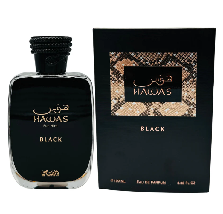 A bottle of Hawas Black Eau de Parfum for men next to its black packaging box, featuring a black and beige snakeskin pattern on the label.